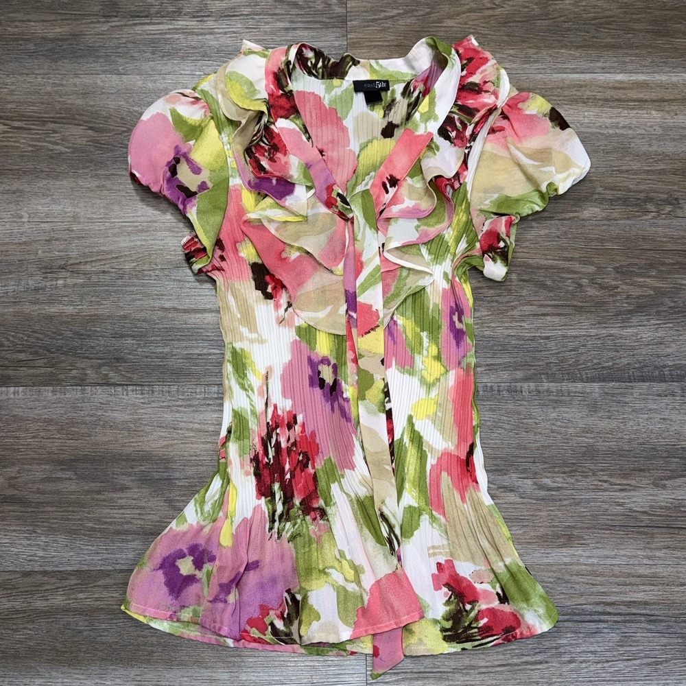 Y2K East 5th Vibrant Floral Pleated Blouse Womens S Pink Green Watercolor Print